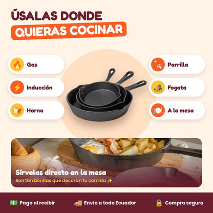 Úsalas en gas, inducción, horno, parrilla, fogata y directo a la mesa
